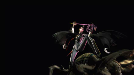 Bayonetta, the video game character, posed dramatically in black attire with weapons, featured in a 4K Ultra HD PC desktop wallpaper against a dark background.
