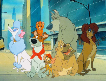 HD PC desktop wallpaper of the movie Oliver & Company: Oliver the kitten and a gang of animated dogs posing together on a sunny city street.