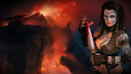 HD PC desktop wallpaper from the video game Age of Conan, featuring a warrior woman with face paint holding a bloodied dagger against a fiery, volcanic background.
