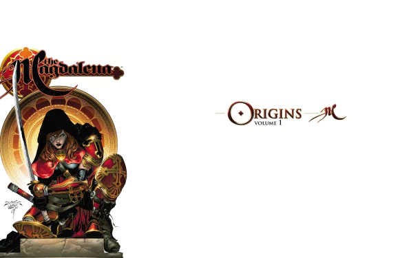 HD PC desktop wallpaper featuring comic art from Magdalena with a dark, detailed character design and the title Origins Volume 1 on a white background.