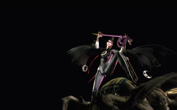 Bayonetta, the video game character, posed dramatically in black attire with weapons, featured in a 4K Ultra HD PC desktop wallpaper against a dark background.