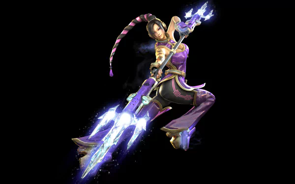 4K Ultra HD PC desktop wallpaper featuring Bayonetta from the video game, striking a dynamic pose with her glowing, electrified weapon against a black background.