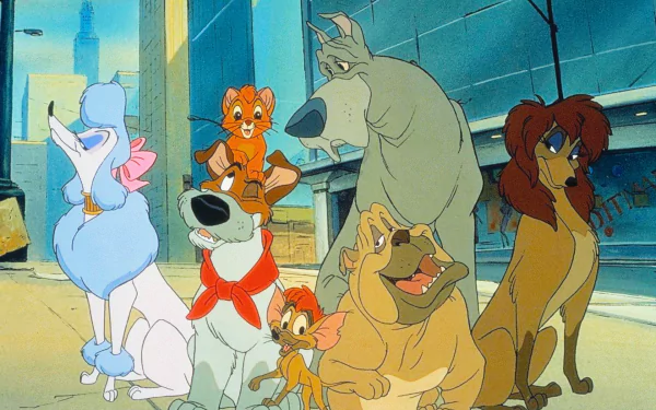 HD PC desktop wallpaper of the movie Oliver & Company: Oliver the kitten and a gang of animated dogs posing together on a sunny city street.