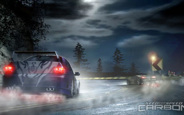 High-definition wallpaper featuring a racing scene from Need for Speed: Carbon, showcasing a sleek car navigating a winding road under a moonlit sky.