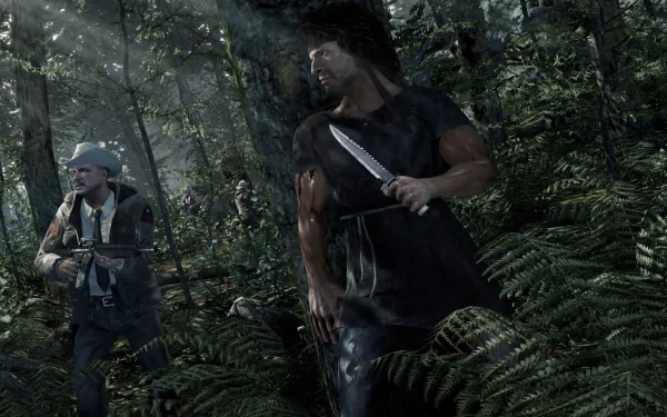 HD PC desktop wallpaper from Rambo: The Video Game, featuring Rambo armed with a knife moving stealthily through a dense, dark forest environment.