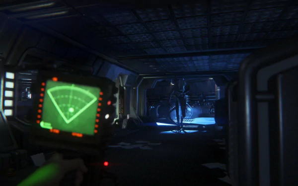 HD PC desktop wallpaper from the video game Alien: Isolation, showing a dark corridor with a motion tracker and an alien figure in the background.