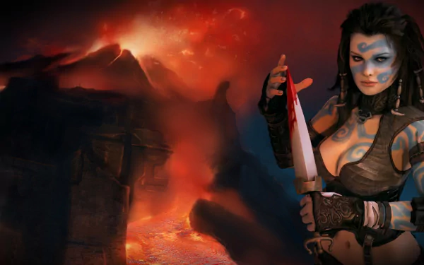 HD PC desktop wallpaper from the video game Age of Conan, featuring a warrior woman with face paint holding a bloodied dagger against a fiery, volcanic background.