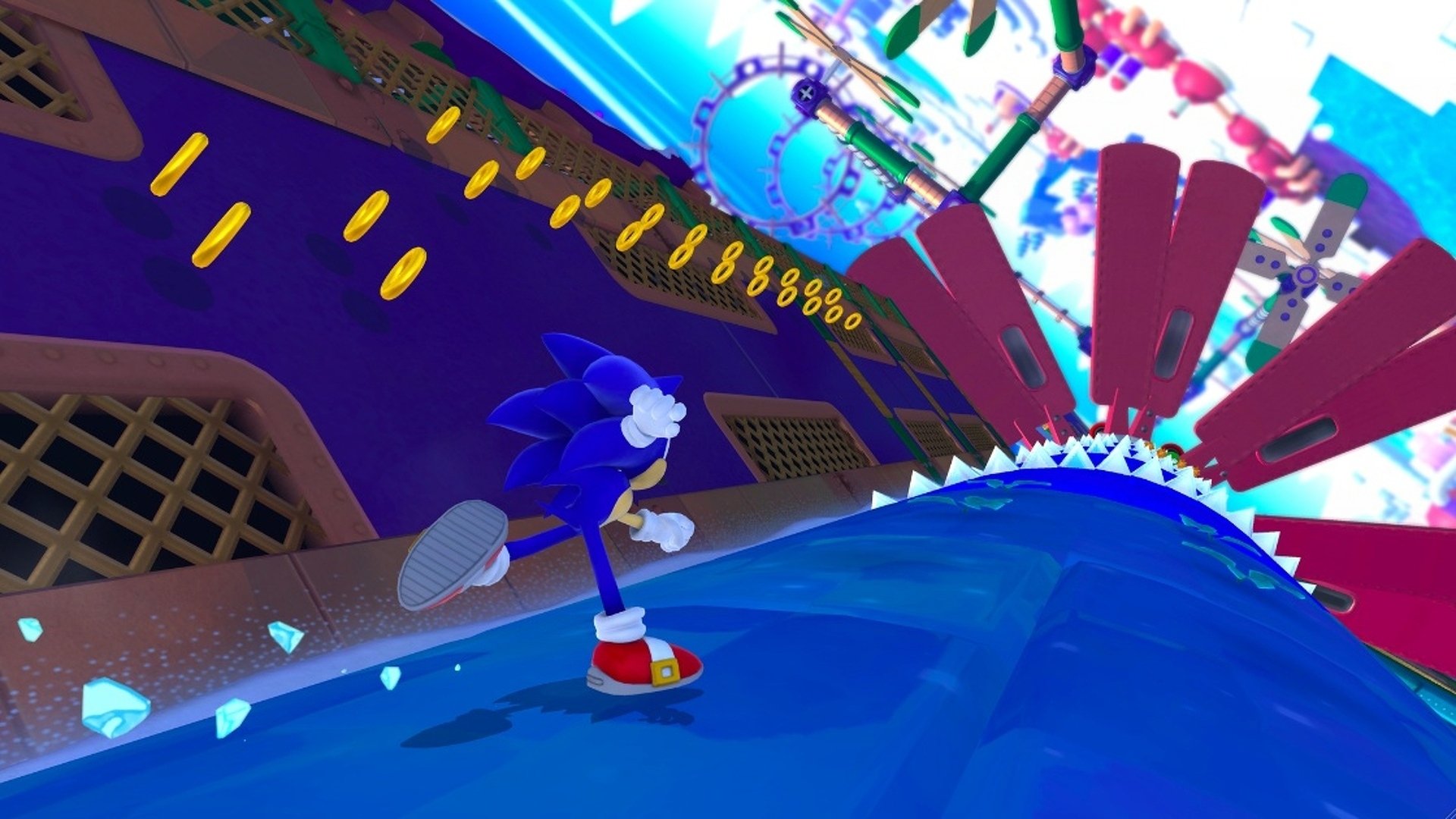 HD PC desktop wallpaper featuring Sonic the Hedgehog running through a loop with golden rings in the video game Sonic Lost World.