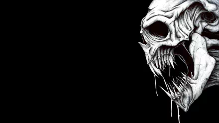 A dark HD desktop wallpaper featuring a detailed, menacing skull with sharp teeth and dripping details against a solid black background.