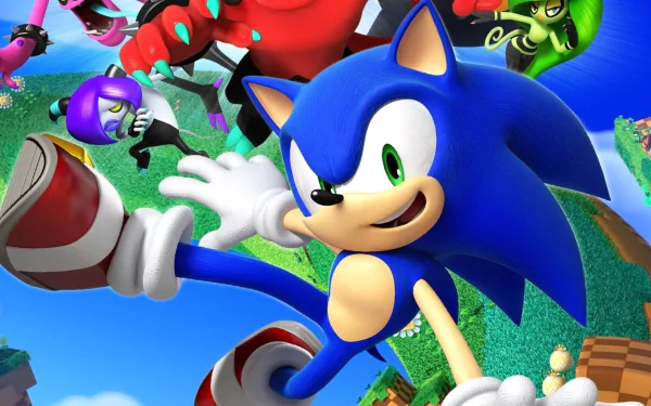 A colorful HD desktop wallpaper featuring Sonic from the video game Sonic Lost World, showcasing dynamic action with various characters in a vibrant background.