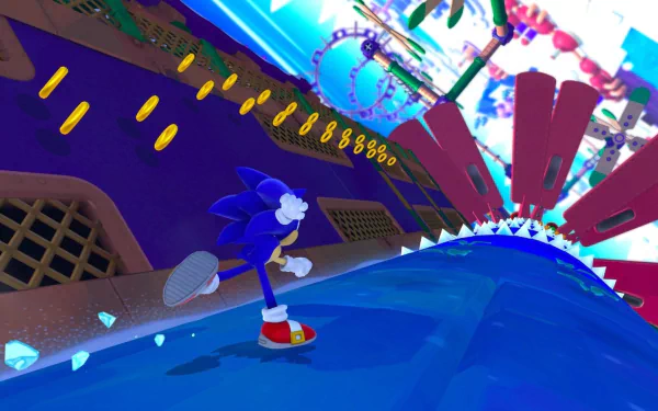 HD PC desktop wallpaper featuring Sonic the Hedgehog running through a loop with golden rings in the video game Sonic Lost World.