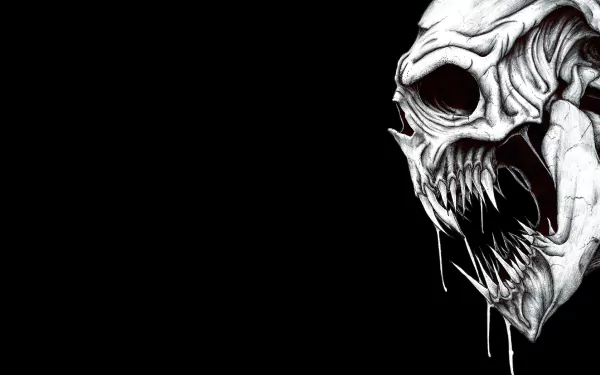 A dark HD desktop wallpaper featuring a detailed, menacing skull with sharp teeth and dripping details against a solid black background.