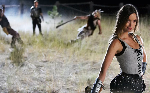 Movie 'Knights of Badassdom' HD PC desktop wallpaper/background: corseted warrior woman with arm bracer and sword stands in a moonlit field as blurred costumed fighters clash behind her.