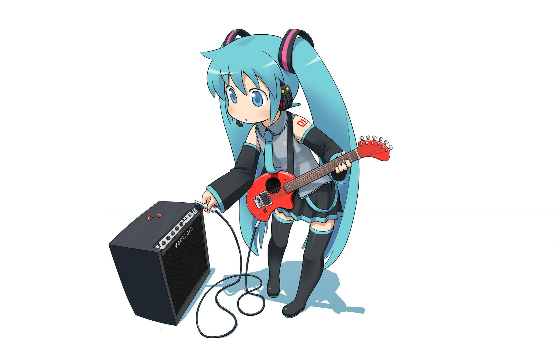 Hatsune Miku playing guitar with twintails, long aqua hair, and aqua eyes.