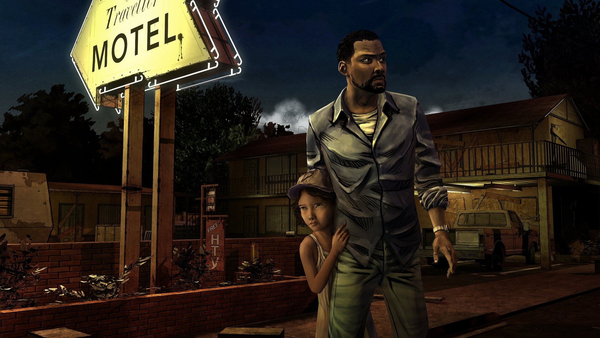 A gripping scene from The Walking Dead: Season 1, featuring a man and a young girl standing near a motel, showcasing the game's distinctive art style and tense atmosphere.