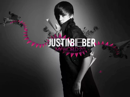 HD Justin Bieber desktop wallpaper featuring the artist in a monochrome setting with 'My World 2.0' graphics.