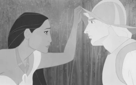 A monochrome HD desktop wallpaper featuring Pocahontas and John Smith in an intimate moment, capturing their connection from the animated movie Pocahontas.