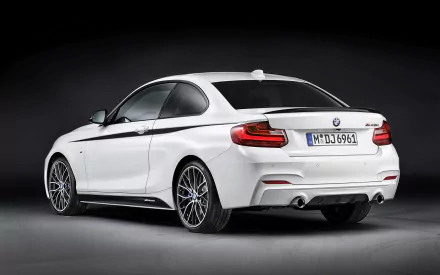 HD desktop wallpaper featuring a sleek white BMW 2 Series vehicle against a dark background, highlighting its sporty design and elegant curves.