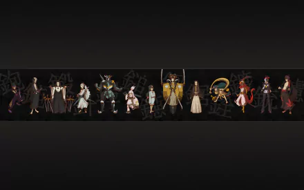 HD anime desktop wallpaper featuring the full cast of Katanagatari characters lined up against a dark background.