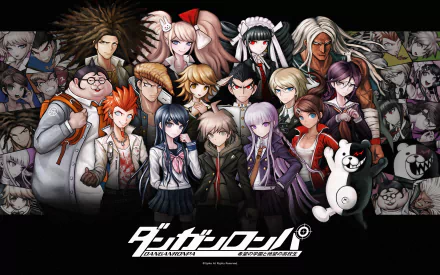 An HD desktop wallpaper featuring characters from the anime Danganronpa, showcasing a diverse group with distinctive styles and expressions against a striking black background.