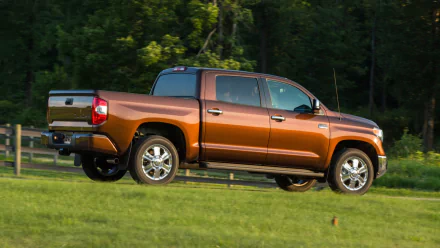 HD PC desktop wallpaper background: bronze Toyota Tundra vehicle parked on grass with a dense forest backdrop.