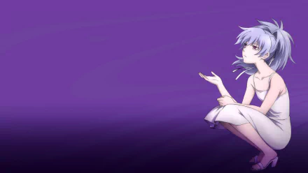 HD wallpaper of Yin from Darker Than Black featuring white hair, purple eyes, and a simple dress against a purple background.