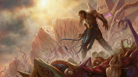 Man-made Magic: The Gathering 2K Quad HD PC wallpaper: armored planeswalker standing on grotesque, tentacled flesh ruins under a stormy sky, lit by dramatic, golden light.