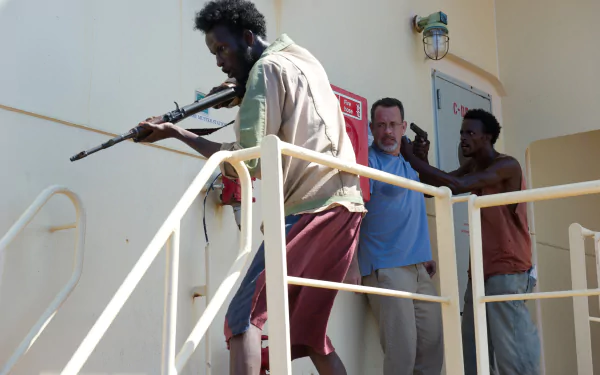 HD wallpaper from Captain Phillips featuring Tom Hanks held captive on a ship by pirates.