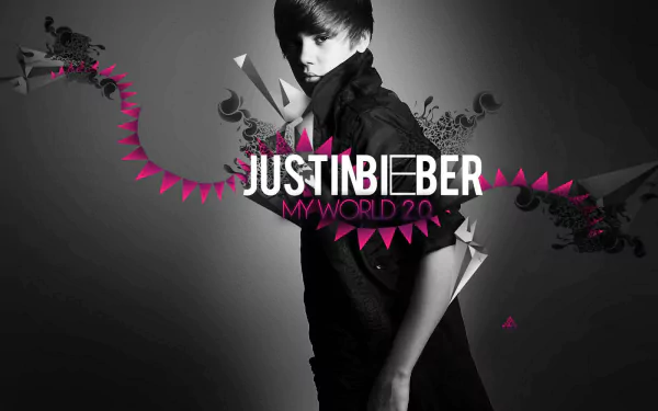HD Justin Bieber desktop wallpaper featuring the artist in a monochrome setting with 'My World 2.0' graphics.