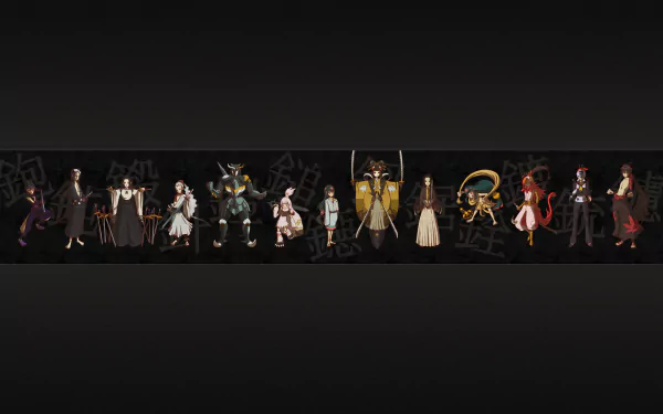 HD anime desktop wallpaper featuring the full cast of Katanagatari characters lined up against a dark background.