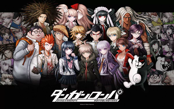 An HD desktop wallpaper featuring characters from the anime Danganronpa, showcasing a diverse group with distinctive styles and expressions against a striking black background.