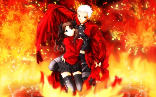 HD desktop wallpaper featuring Archer and Rin Tohsaka from the anime Fate/Stay Night, with fiery red and orange background flames.