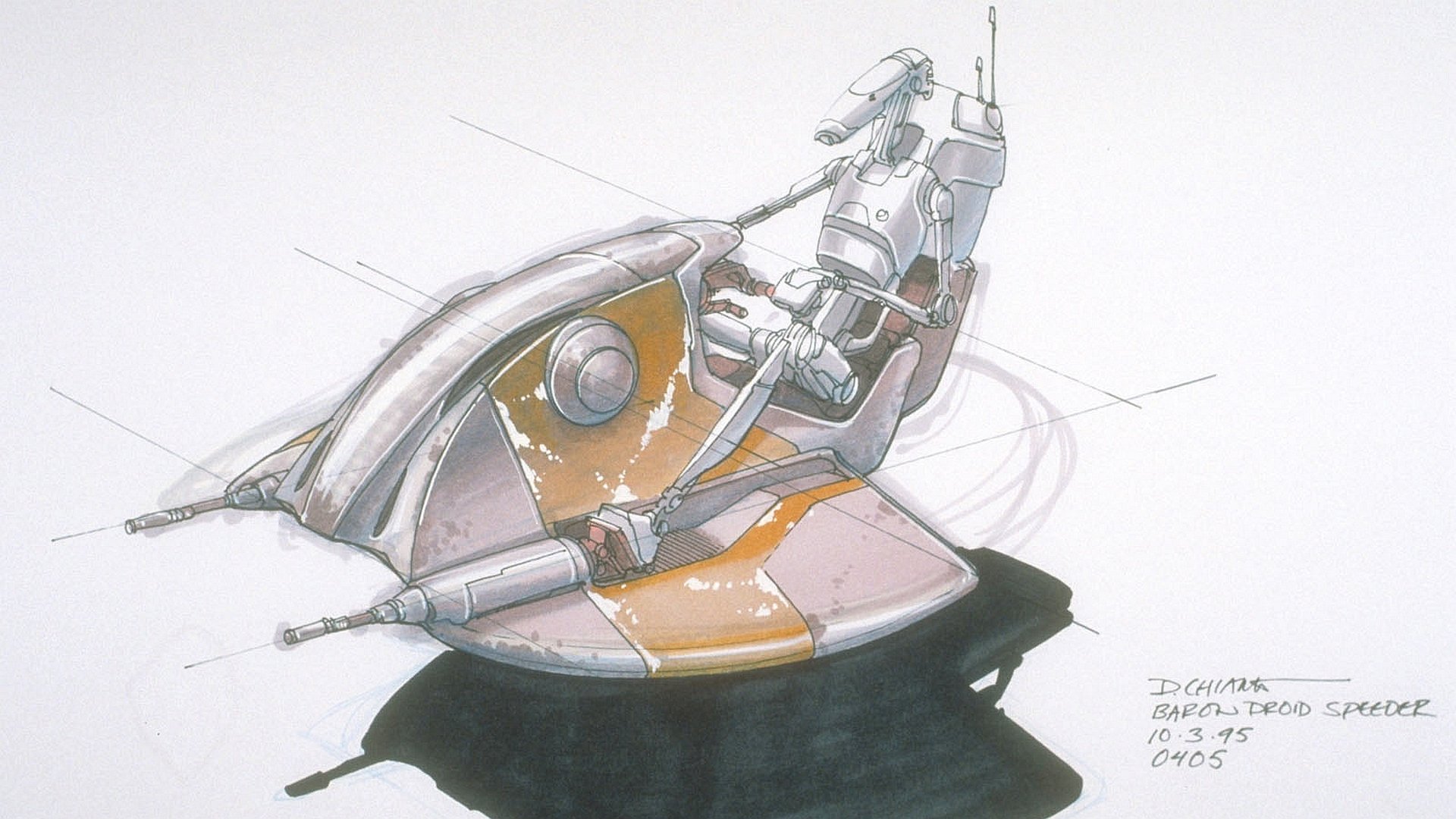 HD PC desktop wallpaper: Battle Droid (Star Wars) seated in a sleek sci-fi speeder, concept art Star Wars background.
