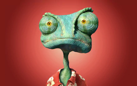 HD PC desktop wallpaper featuring Rango, the animated chameleon character from the movie Rango, set against a warm red background.