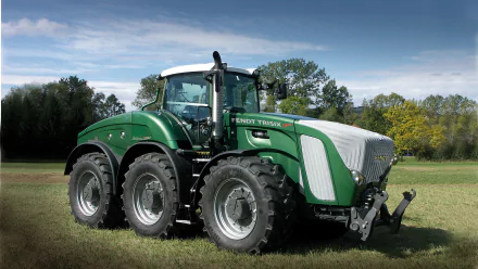 A Fendt Trisix Vario tractor stands on lush grass, showcasing its sleek design and robust tires, set against a vibrant natural background in this HD desktop wallpaper.