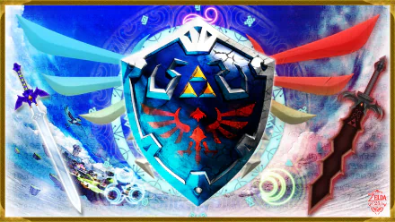 HD desktop wallpaper featuring the Hylian shield from The Legend of Zelda: Skyward Sword, adorned with symbols and vibrant colors in a dynamic battle scene.