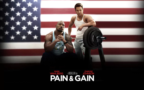 A high-definition desktop wallpaper featuring Paul Doyle and Daniel Lugo, portrayed by Dwayne Johnson and Mark Wahlberg, from the movie Pain & Gain, set against an American flag backdrop.