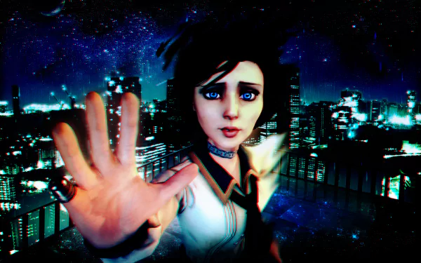 HD PC wallpaper featuring Elizabeth from Bioshock Infinite reaching out with her hand against a nighttime cityscape, capturing the game's distinctive style.