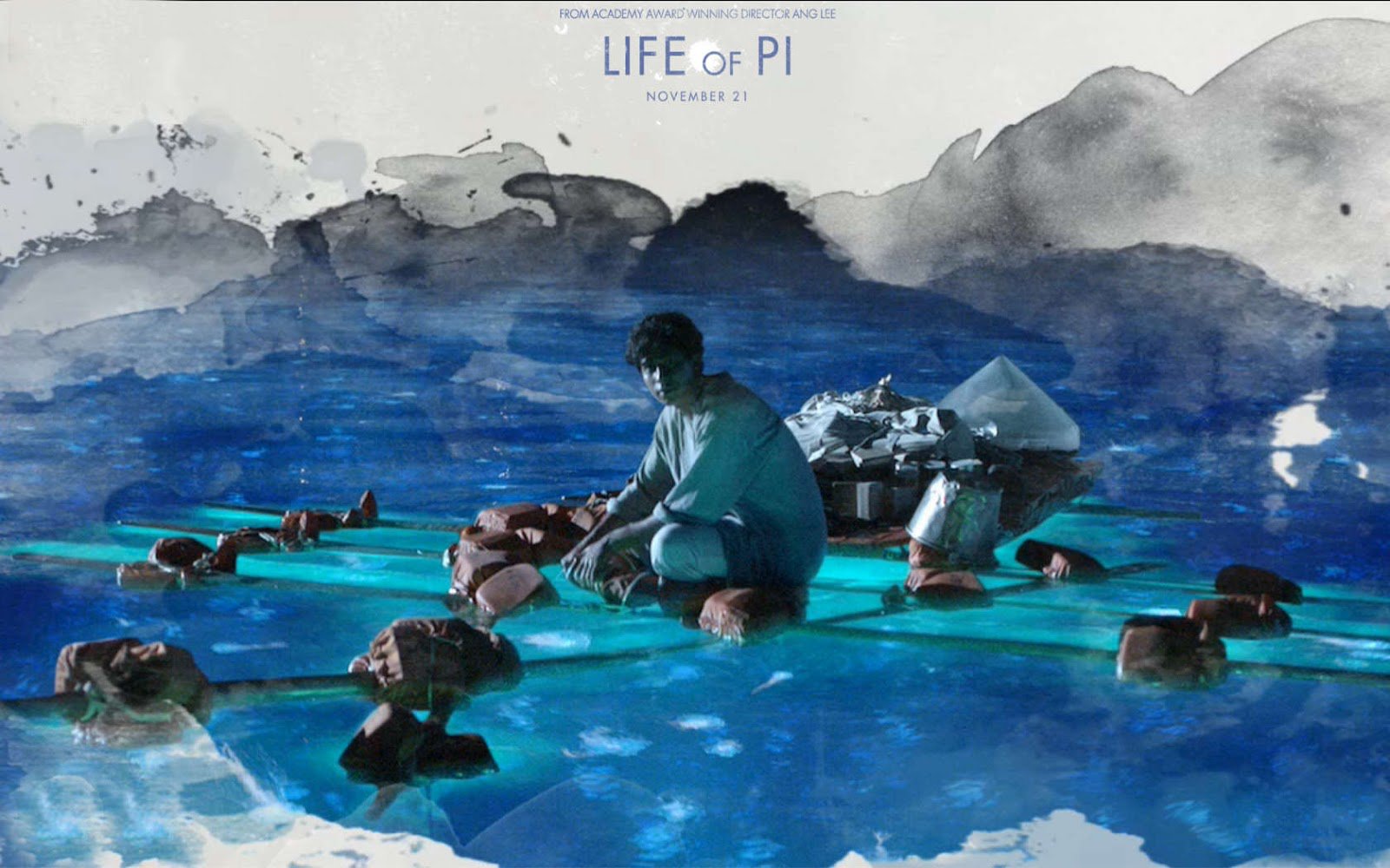 HD PC desktop wallpaper and background, movie Life of Pi: Pi sits on a lifeboat surrounded by floating animals on a watercolor sea beneath a cloudy sky.
