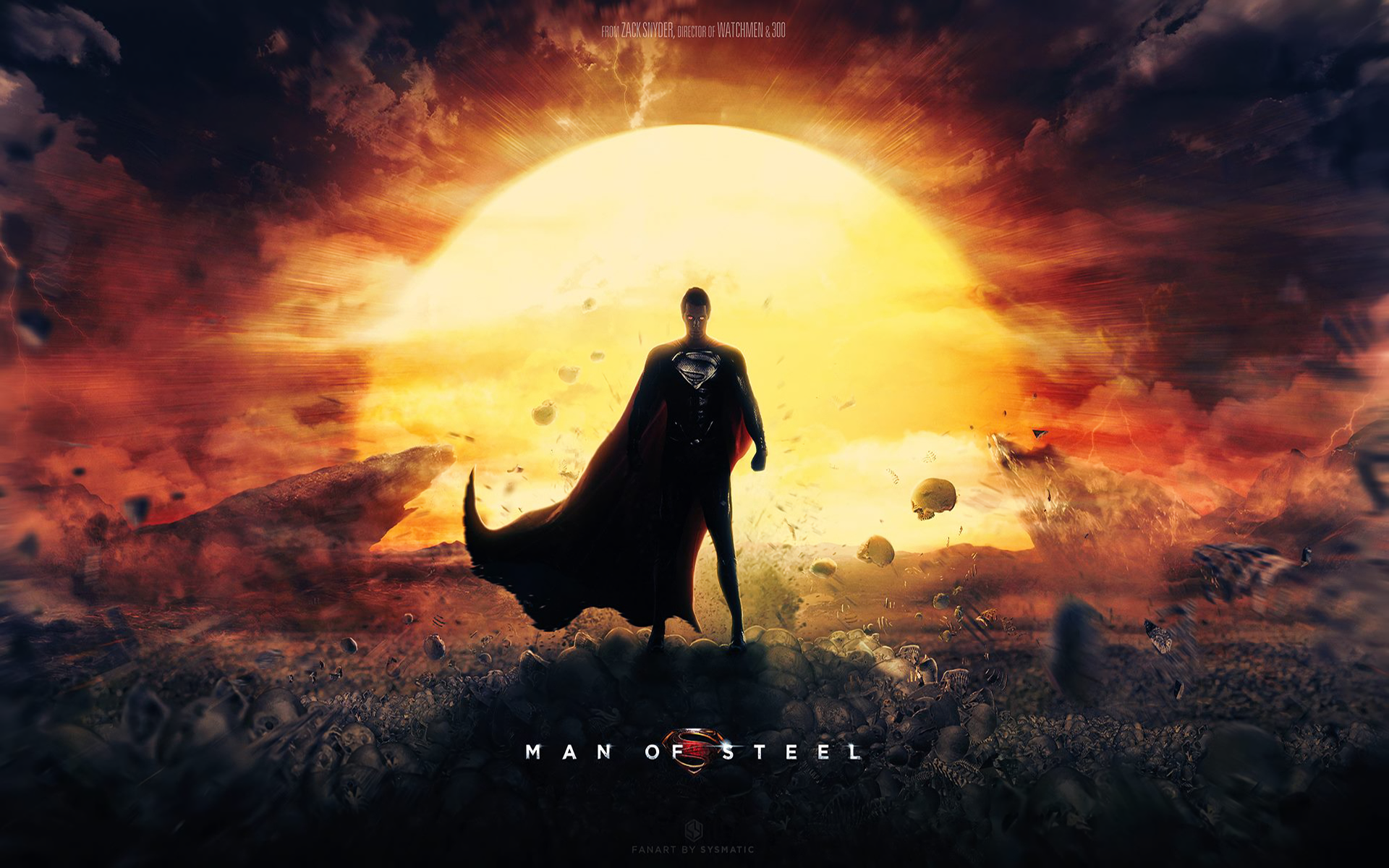 A dramatic HD wallpaper featuring Superman from the movie Man of Steel, with the iconic hero standing against a vibrant sunset and an epic landscape.