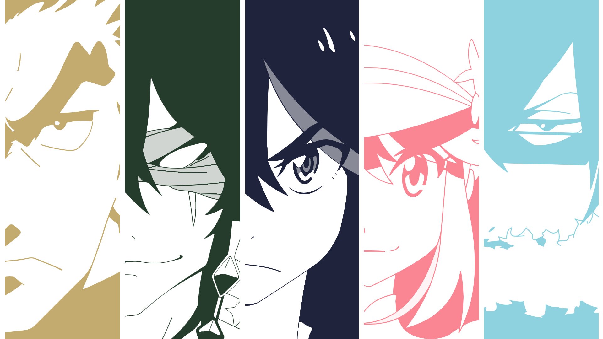 Anime-inspired HD wallpaper featuring characters from Kill la Kill, showcasing bold, dynamic expressions against a colorful backdrop.
