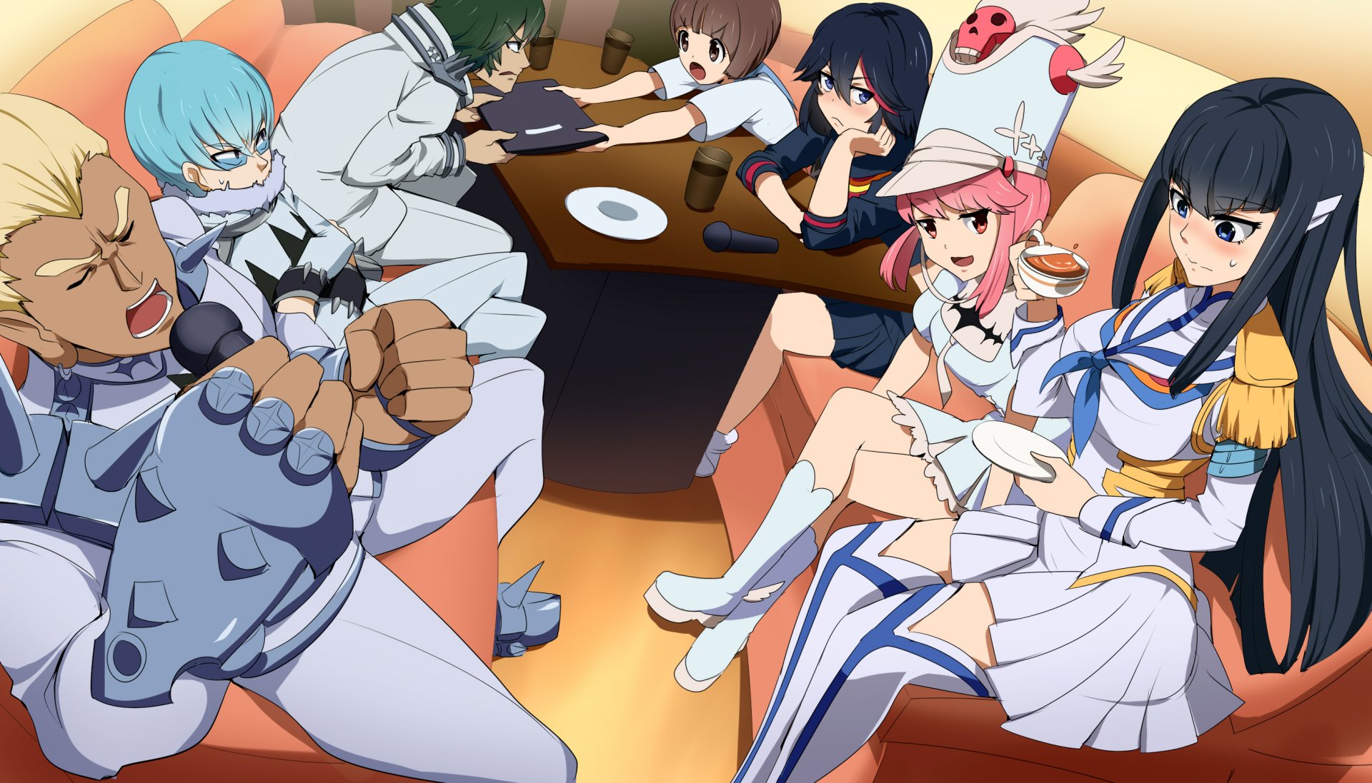 HD anime desktop wallpaper featuring characters from Kill La Kill gathered around a table in vibrant colors and dynamic poses.