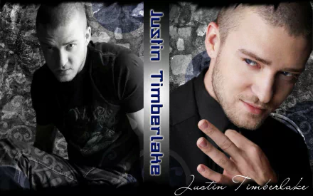 HD PC desktop music wallpaper featuring two portraits of a male pop singer in black attire against a textured backdrop, with vertical name text and a cursive signature.