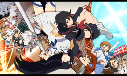 HD anime desktop wallpaper featuring Ryūko Matoi and Satsuki Kiryūin from Kill La Kill in dynamic action poses with vibrant colors and intense energy.