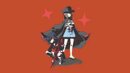 HD anime desktop wallpaper featuring Ryūko Matoi and Mako Mankanshoku from Kill La Kill against a solid red background with stylized sparkles.