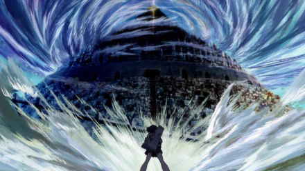 A striking HD desktop wallpaper from the anime Kill La Kill, featuring a dramatic scene with swirling patterns and a towering structure, emphasizing energy and motion.