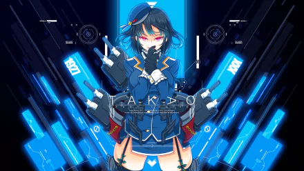 HD anime desktop wallpaper featuring Takao from Kantai Collection in a futuristic blue-themed design with tech elements and ship cannons in the background.