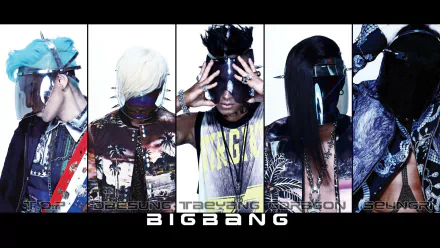HD wallpaper featuring G-Dragon, T.O.P, and other members of Big Bang, showcasing their unique styles and vibrant energy in music.