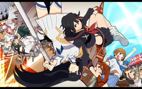 HD anime desktop wallpaper featuring Ryūko Matoi and Satsuki Kiryūin from Kill La Kill in dynamic action poses with vibrant colors and intense energy.