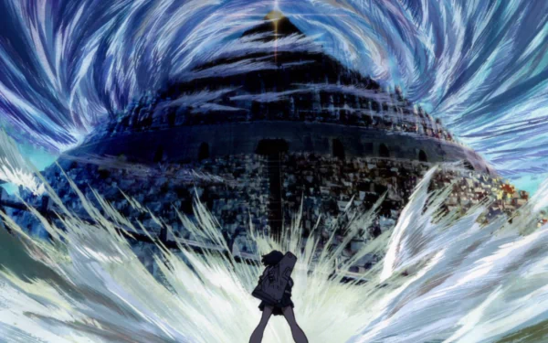 A striking HD desktop wallpaper from the anime Kill La Kill, featuring a dramatic scene with swirling patterns and a towering structure, emphasizing energy and motion.